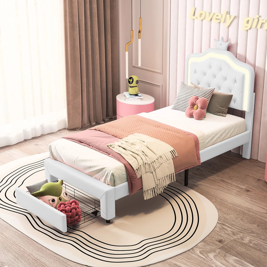 Comanlai Children's Bed  90x200cm with LED Light and Crown-shaped Headboard,Upholstered Bed with Slatted Frame,PU Leather,Pink