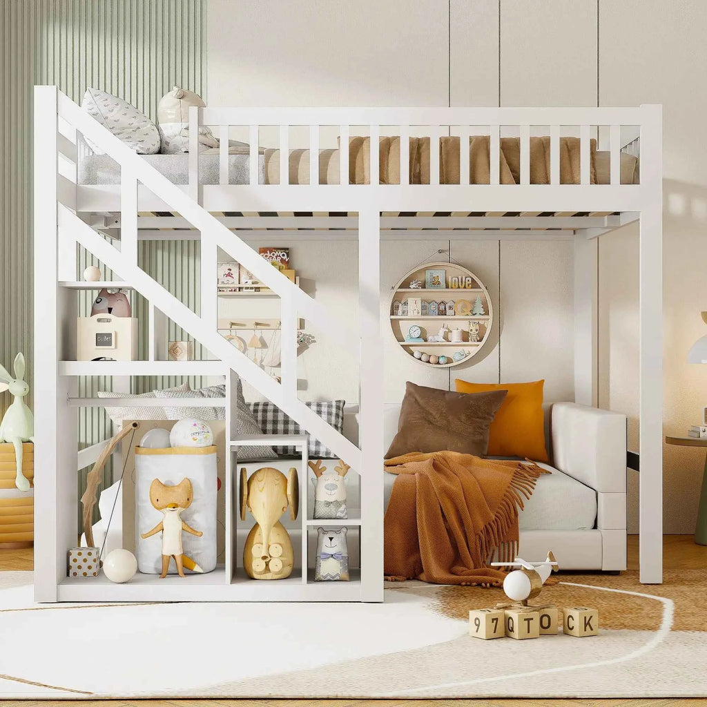 Rosahqnda children's high bed 90x200 cm 140x200 cm, children's bed with crash protection, stair, storage space, bunk bed, solid wood