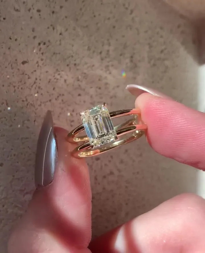 6x9 mm emerald cut moissanite solitaire dual band ring modern double band engagement jewelry