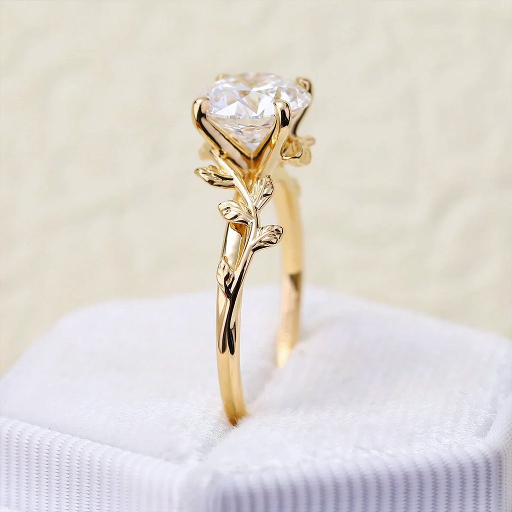 10mm Round Cut Moissanite Engagement Ring | Leaf Vine Design Solitaire | Gold or Silver Bridal Wedding Fine Jewelry OEM
