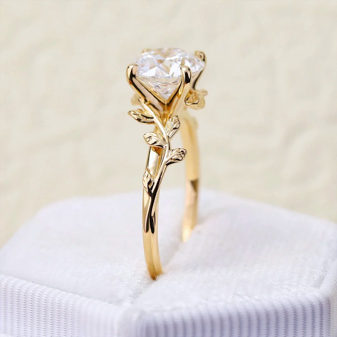 10mm Round Cut Moissanite Engagement Ring | Leaf Vine Design Solitaire | Gold or Silver Bridal Wedding Fine Jewelry OEM