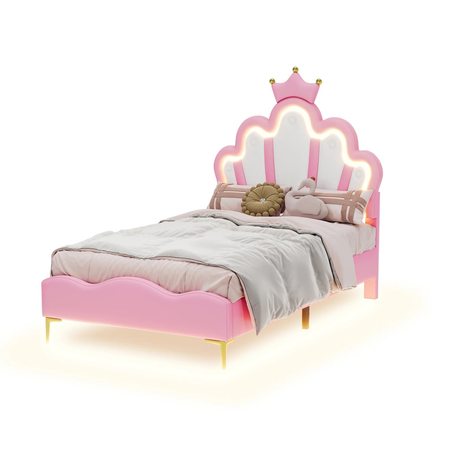 Rosahqnda Children's bed girls Single bed Double Bed Children bed Princess Crown Shape bed Adjustable Headboard