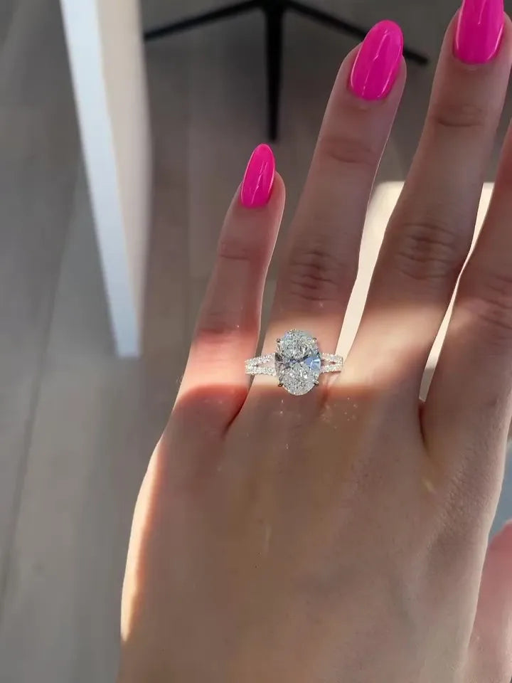 9x11mm Oval Cut Moissanite Engagement Ring Split Pave Band White Gold Plated 925 Silver Fine Jewelry Wholesale