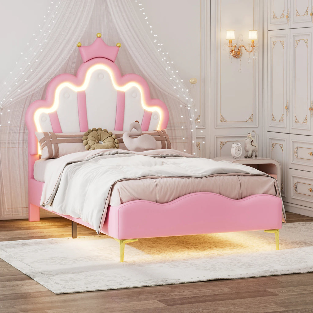 Rosahqnda Children's bed girls Single bed Double Bed Children bed Princess Crown Shape bed Adjustable Headboard
