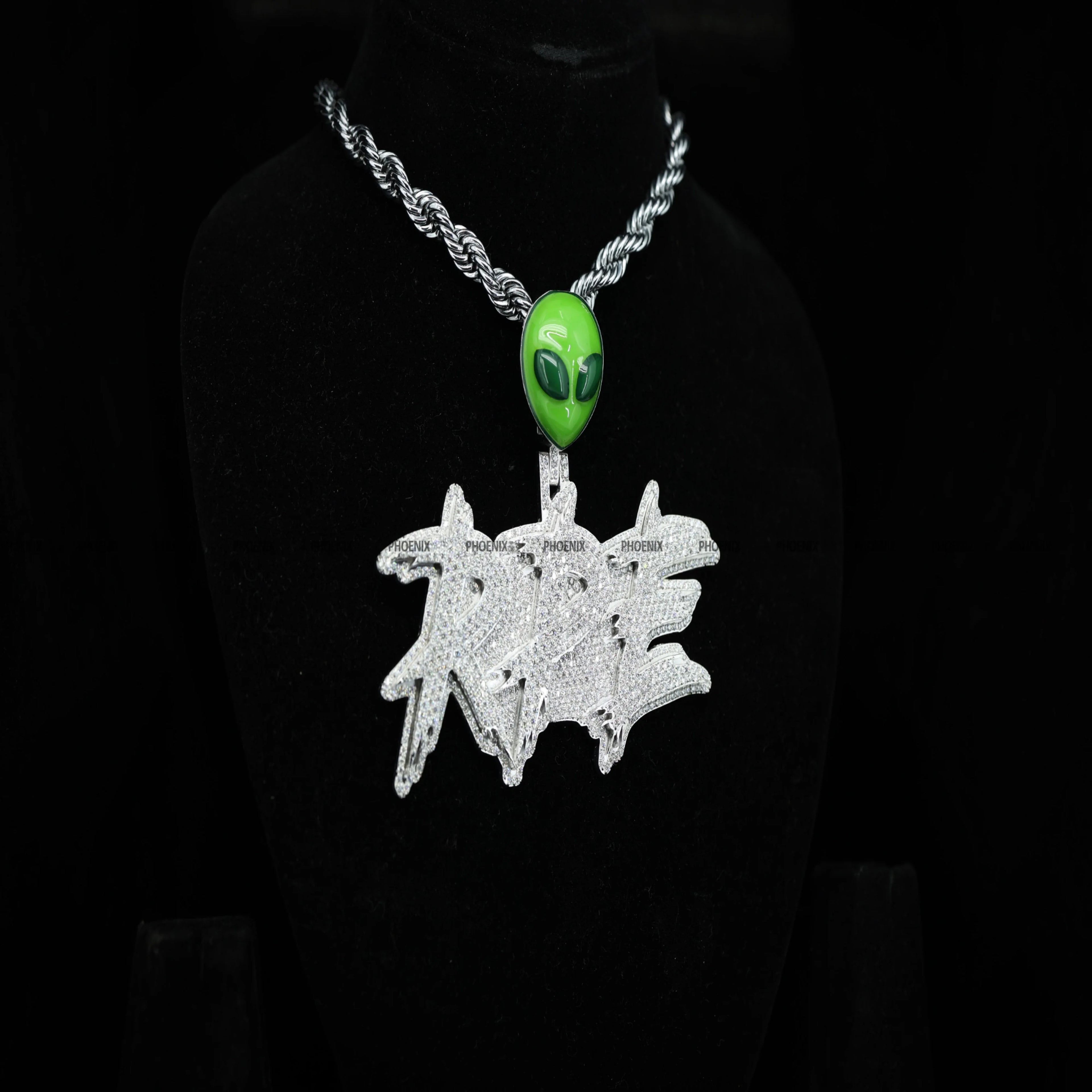 Custom Alien Bail Pendant Iced Out "RPE" Pendant Green Alien Head Bail Hip Hop Jewelry Rapper Statement Bling Phoenix Enterprise