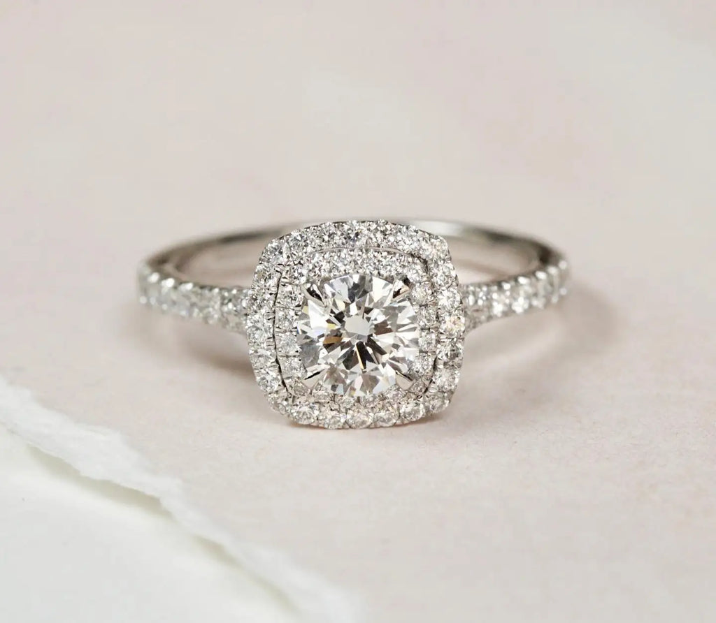 Round Cut 6mm Moissanite Double Halo Engagement Ring White Gold Plated Pave Band Cushion Style Wedding Fine Jewelry For Women