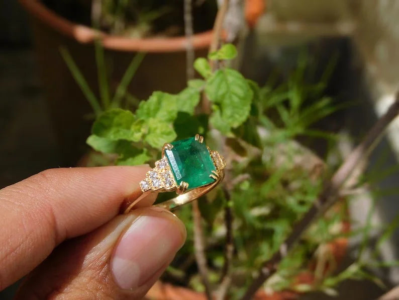14K Yellow Gold Delicate Stacking Fine Ring Vintage Wedding Anniversary & Engagement Band with Full Eternity Cut Emerald