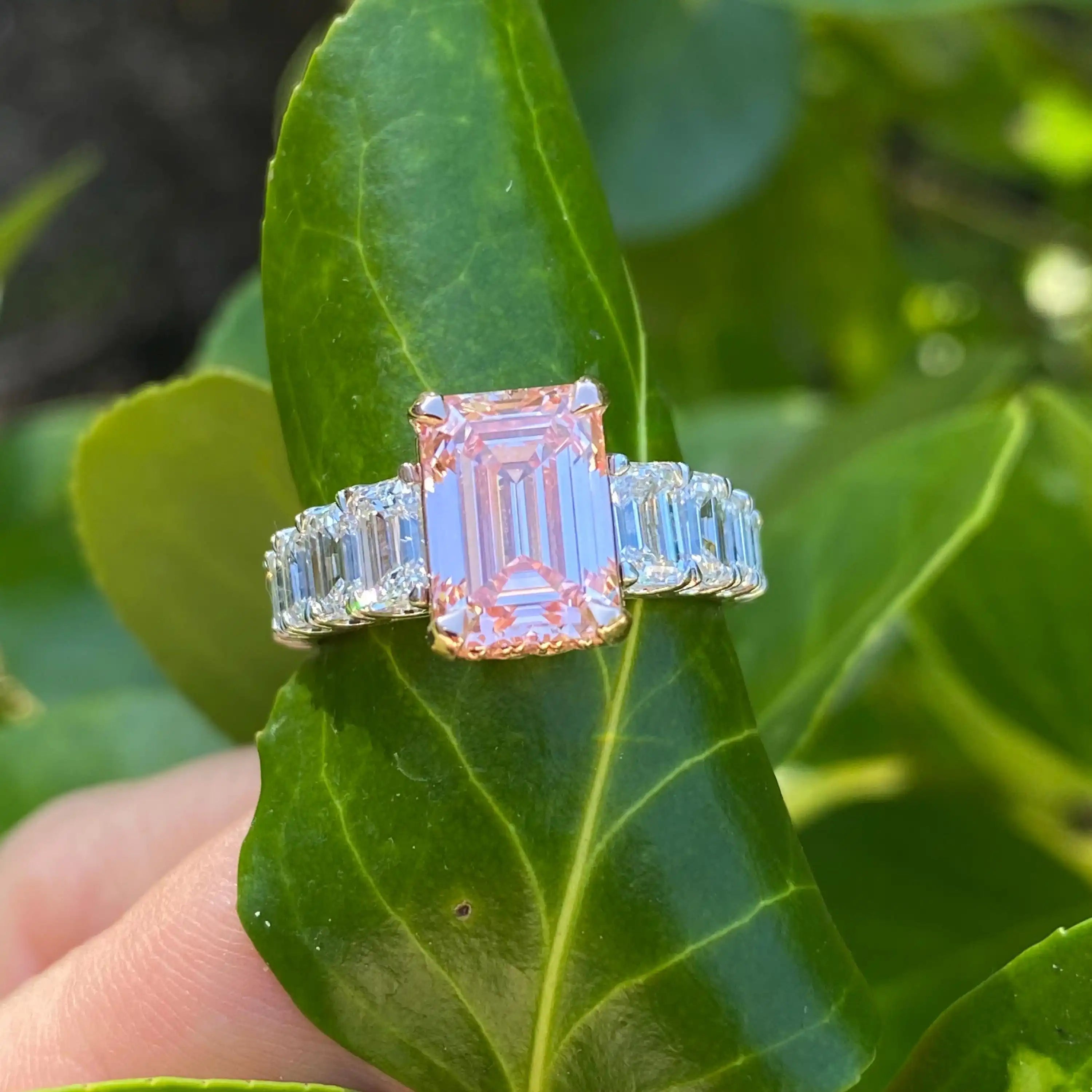Exquisite 6.22 Ct Carat Emerald Cut Lab-grown Intense Pink Micro Pave Set Diamonds Engagement Ring 14k White Rose Gold IGI