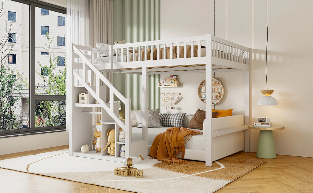 Rosahqnda children's high bed 90x200 cm 140x200 cm, children's bed with crash protection, stair, storage space, bunk bed, solid wood