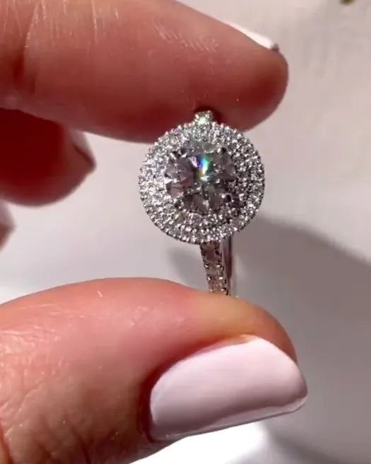 8mm Round Cut Moissanite Halo Engagement Ring | Pave Band Wedding Ring | Silver or Gold Fine Jewelry Custom OEM