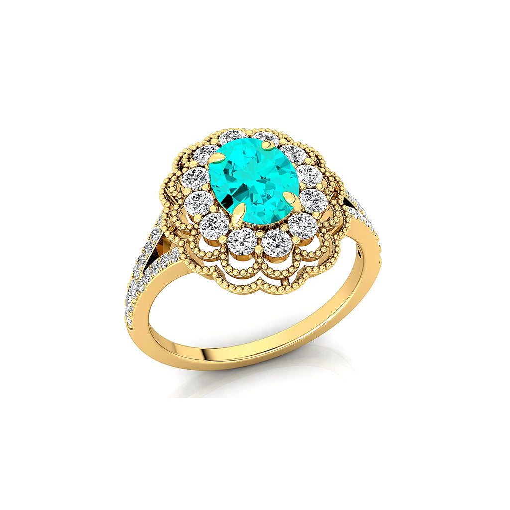 Unisex Wedding Anniversary Rings in 18k Solid Gold Rhodium Plated Lab Paraiba Tourmaline Real Diamonds Halo Solitaire Ring Gift