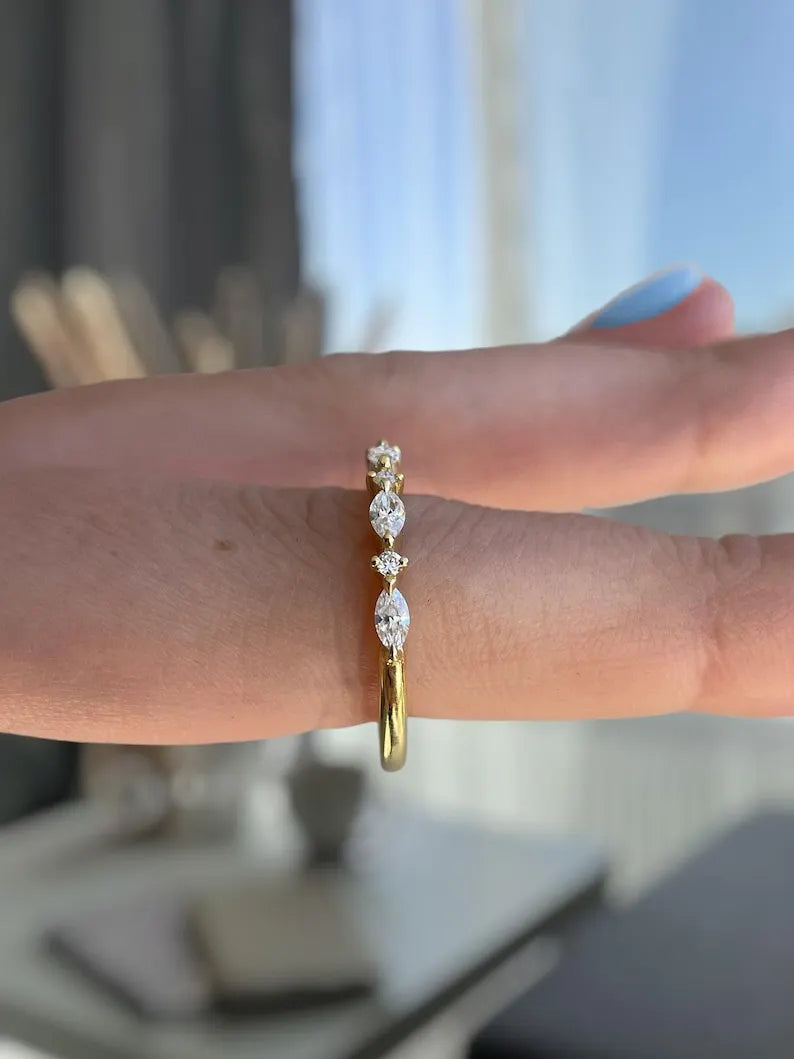 Handmade 14K Gold Marquise And Round Cut Lab Grown Diamond Minimalist Ring Birthdays Fine Party Gift Jewelry For Partner