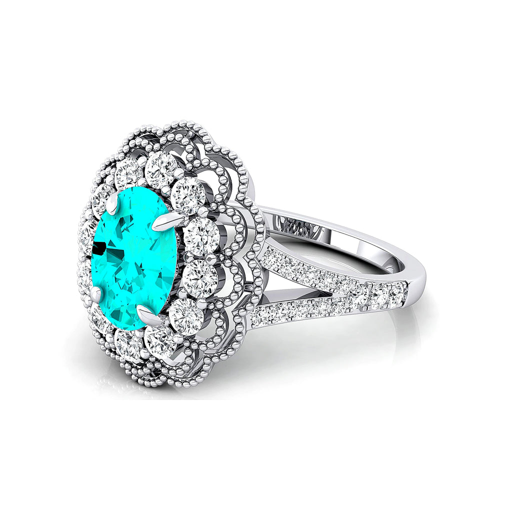 Unisex Wedding Anniversary Rings in 18k Solid Gold Rhodium Plated Lab Paraiba Tourmaline Real Diamonds Halo Solitaire Ring Gift