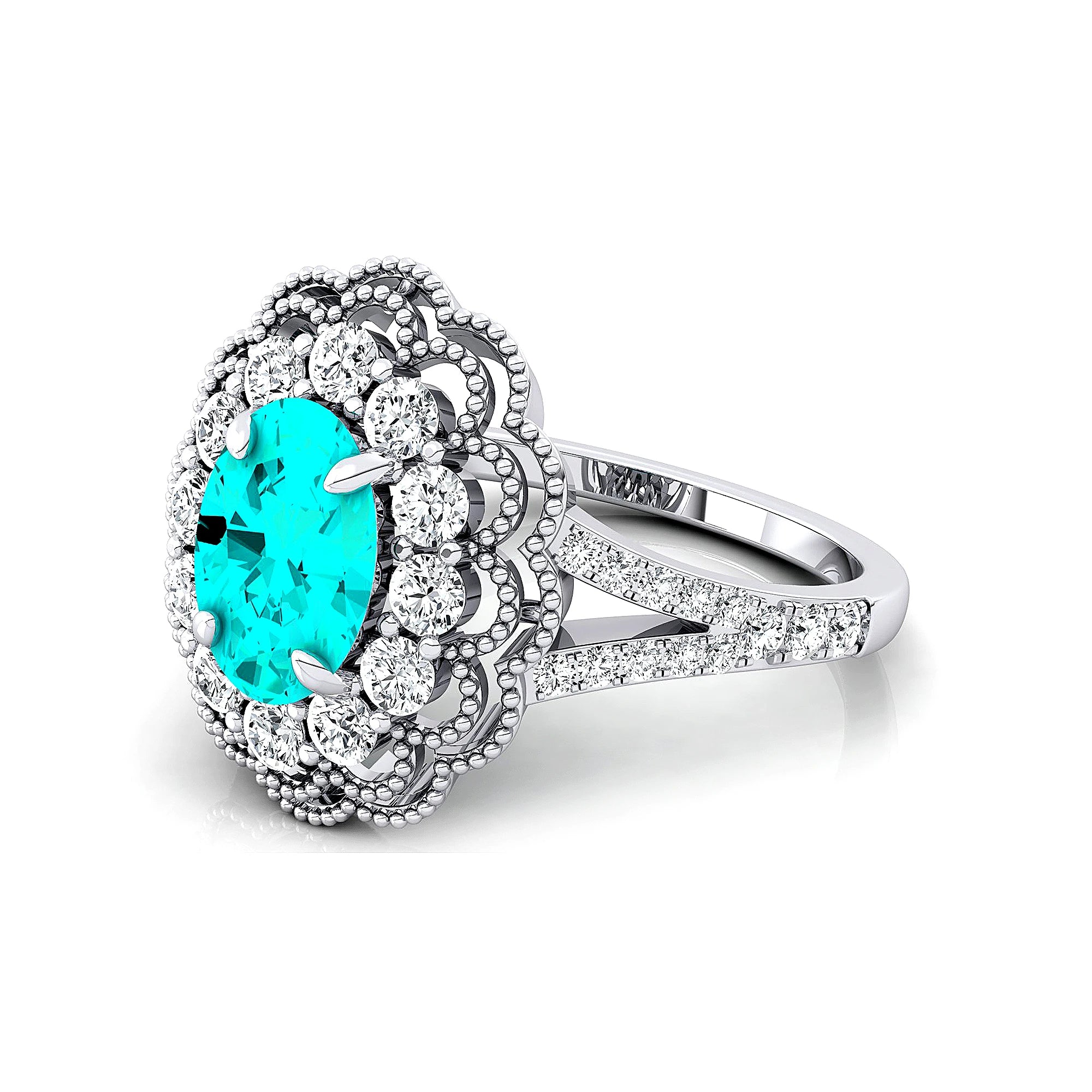 Unisex Wedding Anniversary Rings in 18k Solid Gold Rhodium Plated Lab Paraiba Tourmaline Real Diamonds Halo Solitaire Ring Gift