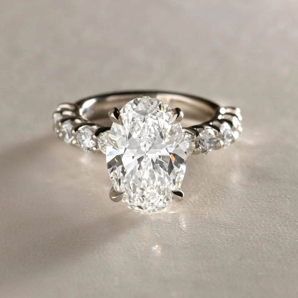 3ct Oval Cut Moissanite Engagement Ring Side Stone Pave Band Gold or Silver Bridal Wedding Ring| Minimalist Bridal  Fine Jewelry