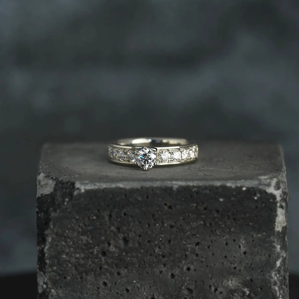 6mm Round Cut Moissanite Engagement Ring | Solitaire with Pave Side Stones | Gold or Silver Bridal Wedding Fine Jewelry OEM