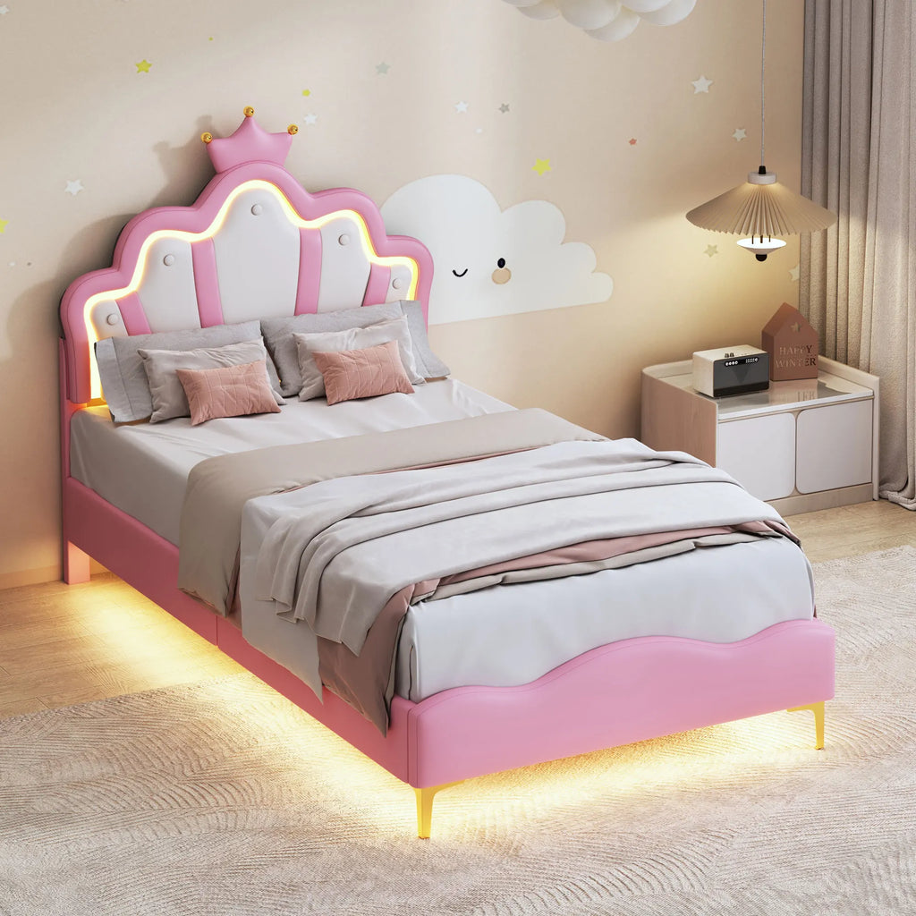 Rosahqnda Children's bed girls Single bed Double Bed Children bed Princess Crown Shape bed Adjustable Headboard