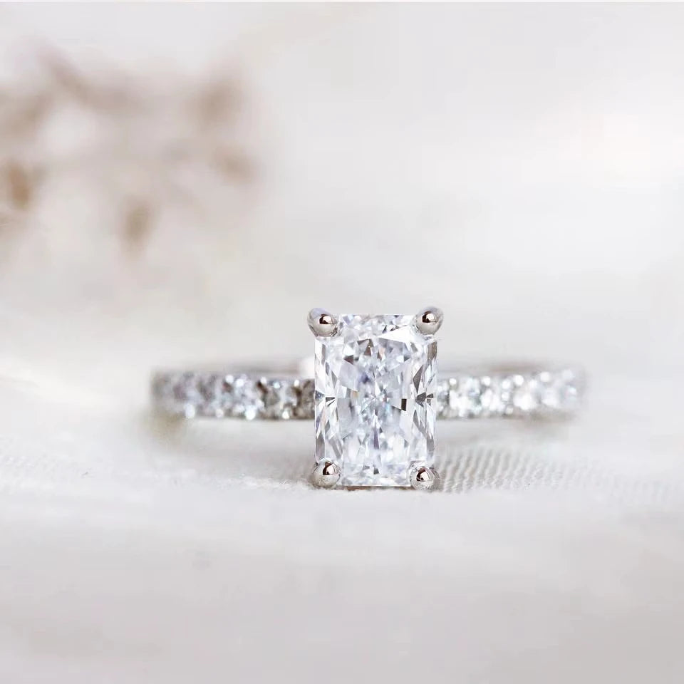Elegant Gold Bridal Wedding Jewelry 5x7mm Radiant Cut Diamond Engagement Ring Pave Band 18K Gold Plated Sterling Silver Brides