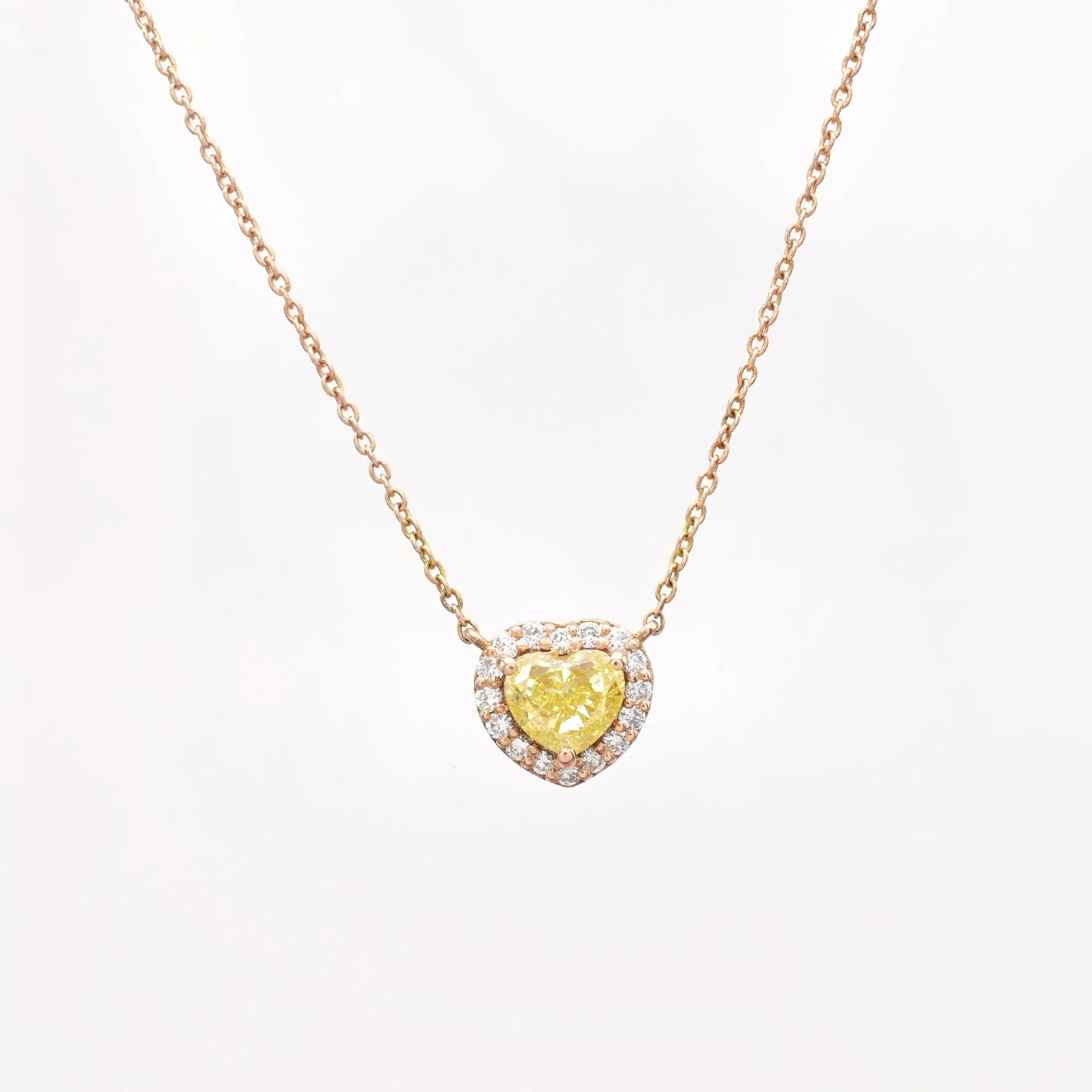 Ready To Ship 14k Rose Gold Heart Halo Engagement Necklace 0.71 CT Heart Cut Yellow Adjustable Necklace IGI Certified Jewelry