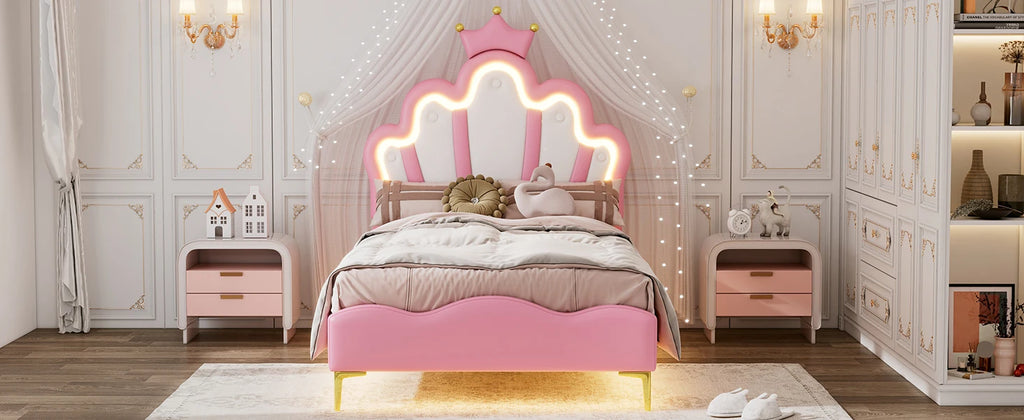 Rosahqnda Children's bed girls Single bed Double Bed Children bed Princess Crown Shape bed Adjustable Headboard