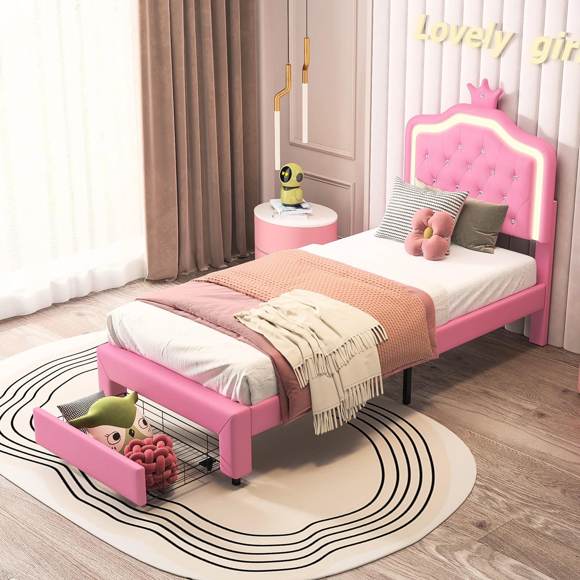 Comanlai Children's Bed  90x200cm with LED Light and Crown-shaped Headboard,Upholstered Bed with Slatted Frame,PU Leather,Pink