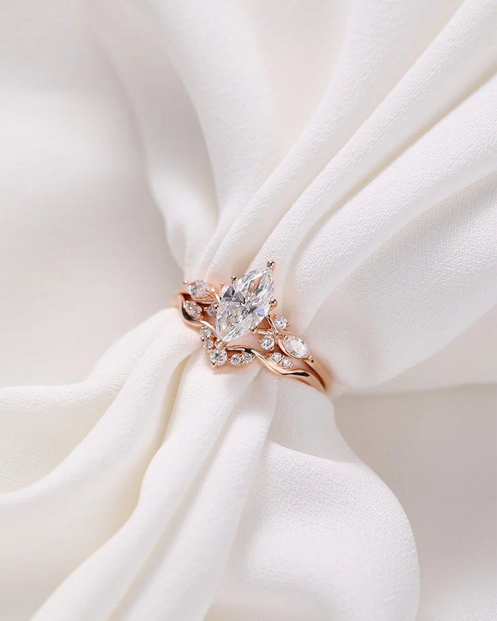 12x6mm Marquise Cut Moissanite Diamond Engagement Ring in Rose Gold | Unique Bridal Wedding Jewelry
