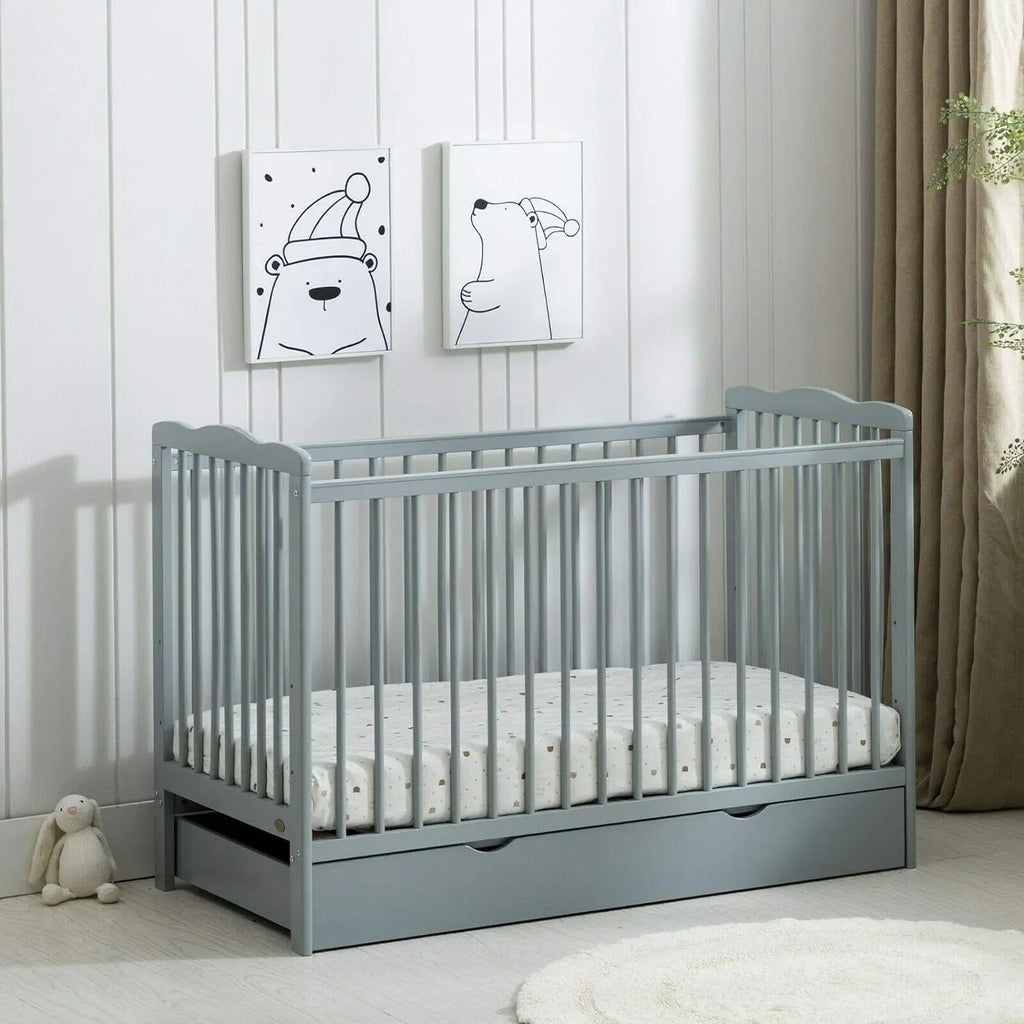 mcc direct Brooklyn Baby Cot Crib with Water Repellent Mattress & Wheeled Drawer & Safety Wooden Barrier - 125 X 85 X 66 CM
