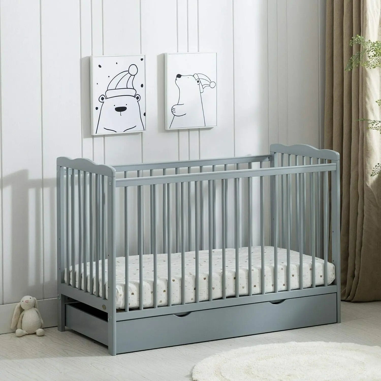 mcc direct Brooklyn Baby Cot Crib with Water Repellent Mattress & Wheeled Drawer & Safety Wooden Barrier - 125 X 85 X 66 CM