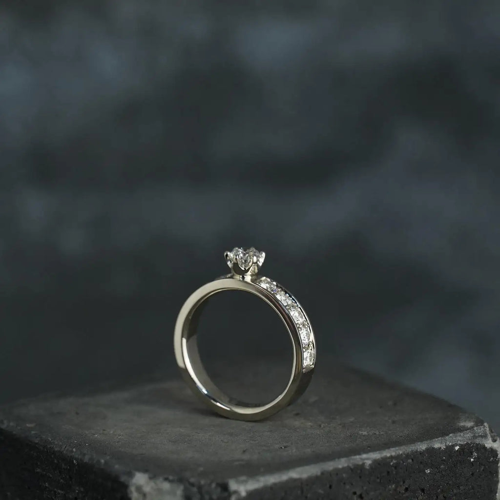 6mm Round Cut Moissanite Engagement Ring | Solitaire with Pave Side Stones | Gold or Silver Bridal Wedding Fine Jewelry OEM