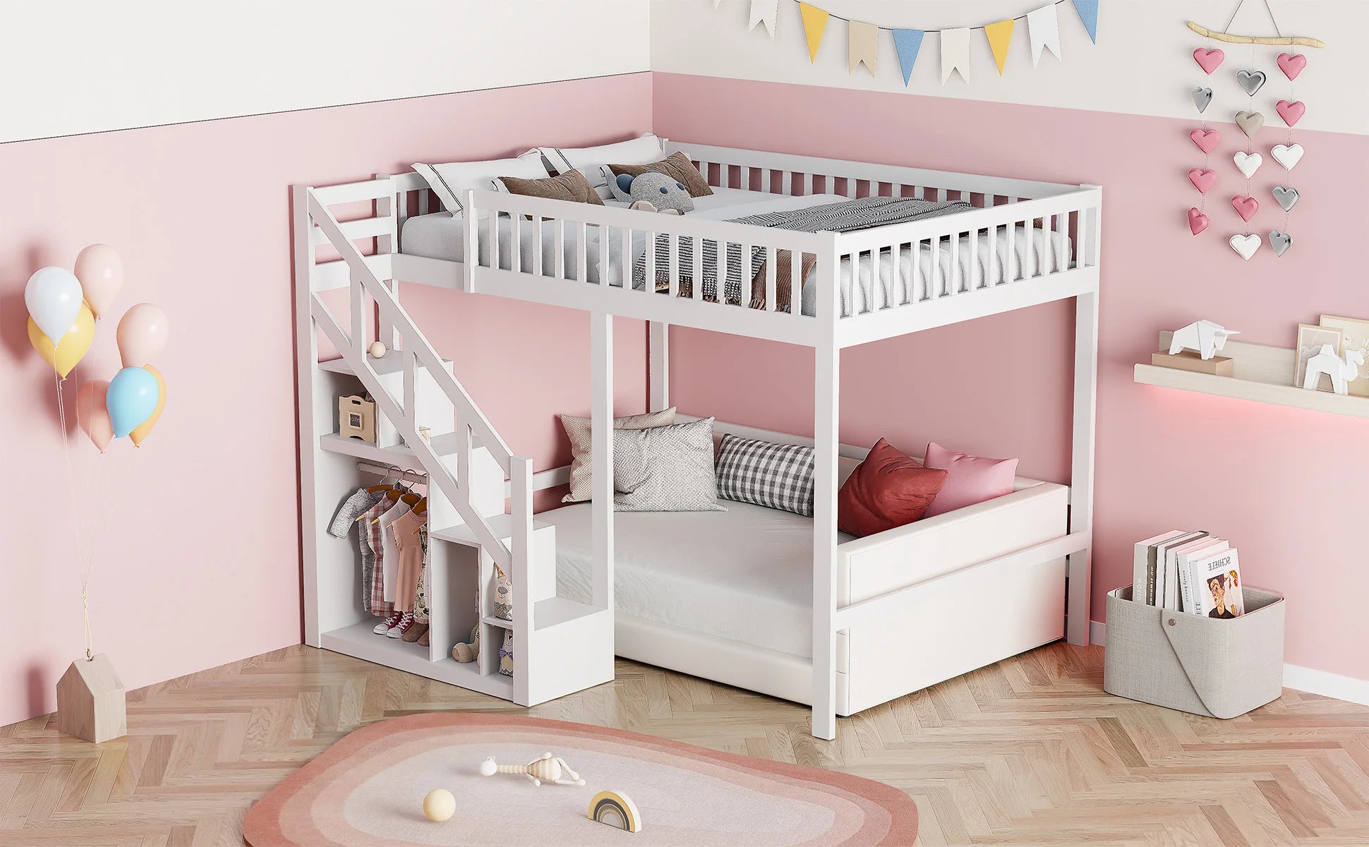 Rosahqnda children's high bed 90x200 cm 140x200 cm, children's bed with crash protection, stair, storage space, bunk bed, solid wood