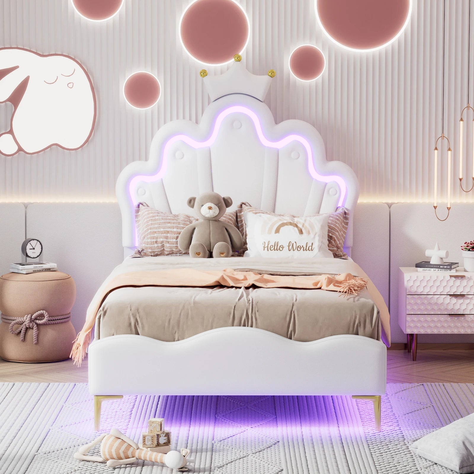 Rosahqnda Children's bed girls Single bed Double Bed Children bed Princess Crown Shape bed Adjustable Headboard