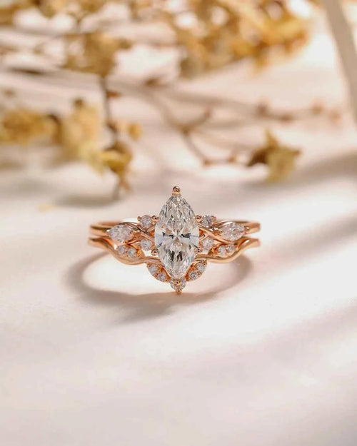12x6mm Marquise Cut Moissanite Diamond Engagement Ring in Rose Gold | Unique Bridal Wedding Jewelry