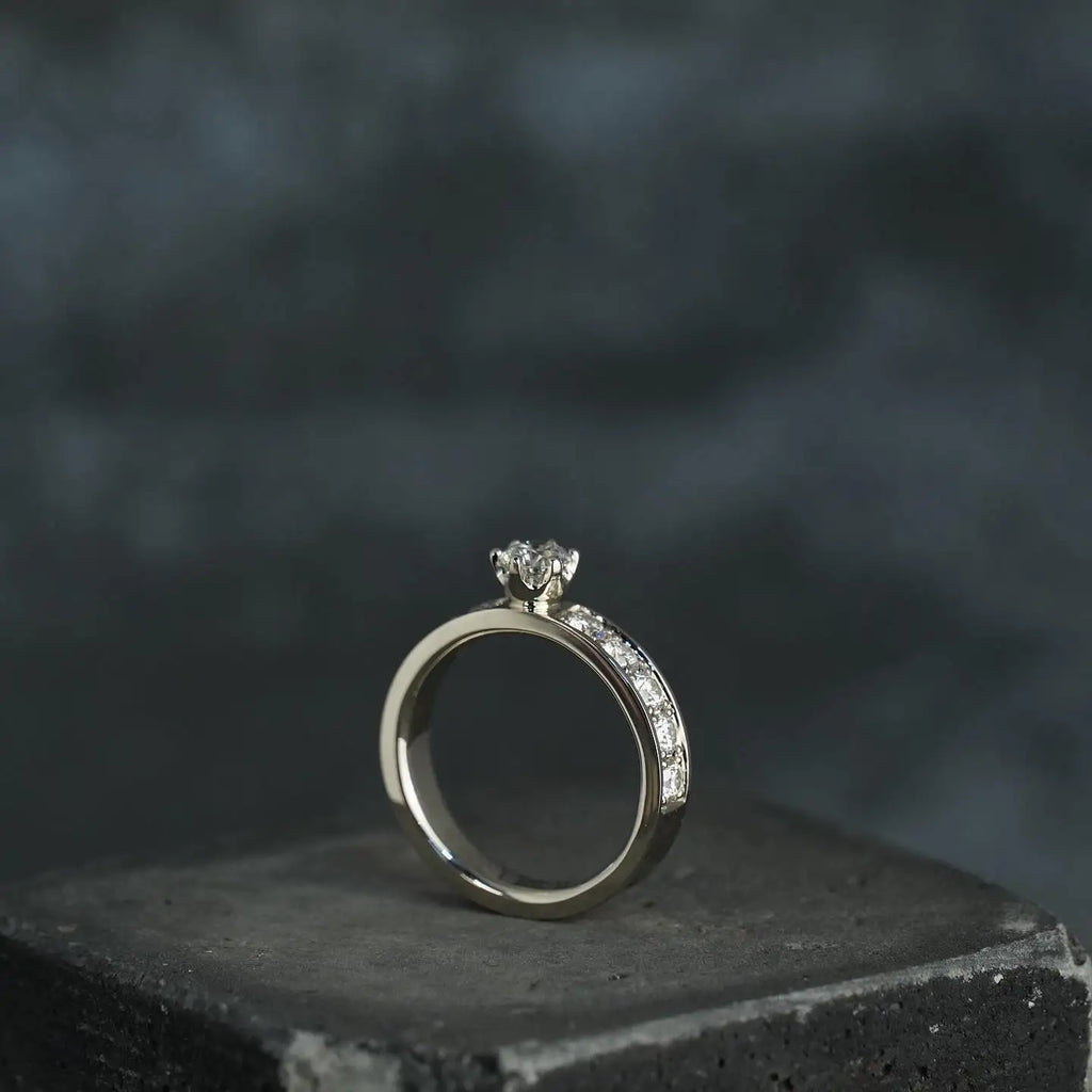 6mm Round Cut Moissanite Engagement Ring | Solitaire with Pave Side Stones | Gold or Silver Bridal Wedding Fine Jewelry OEM