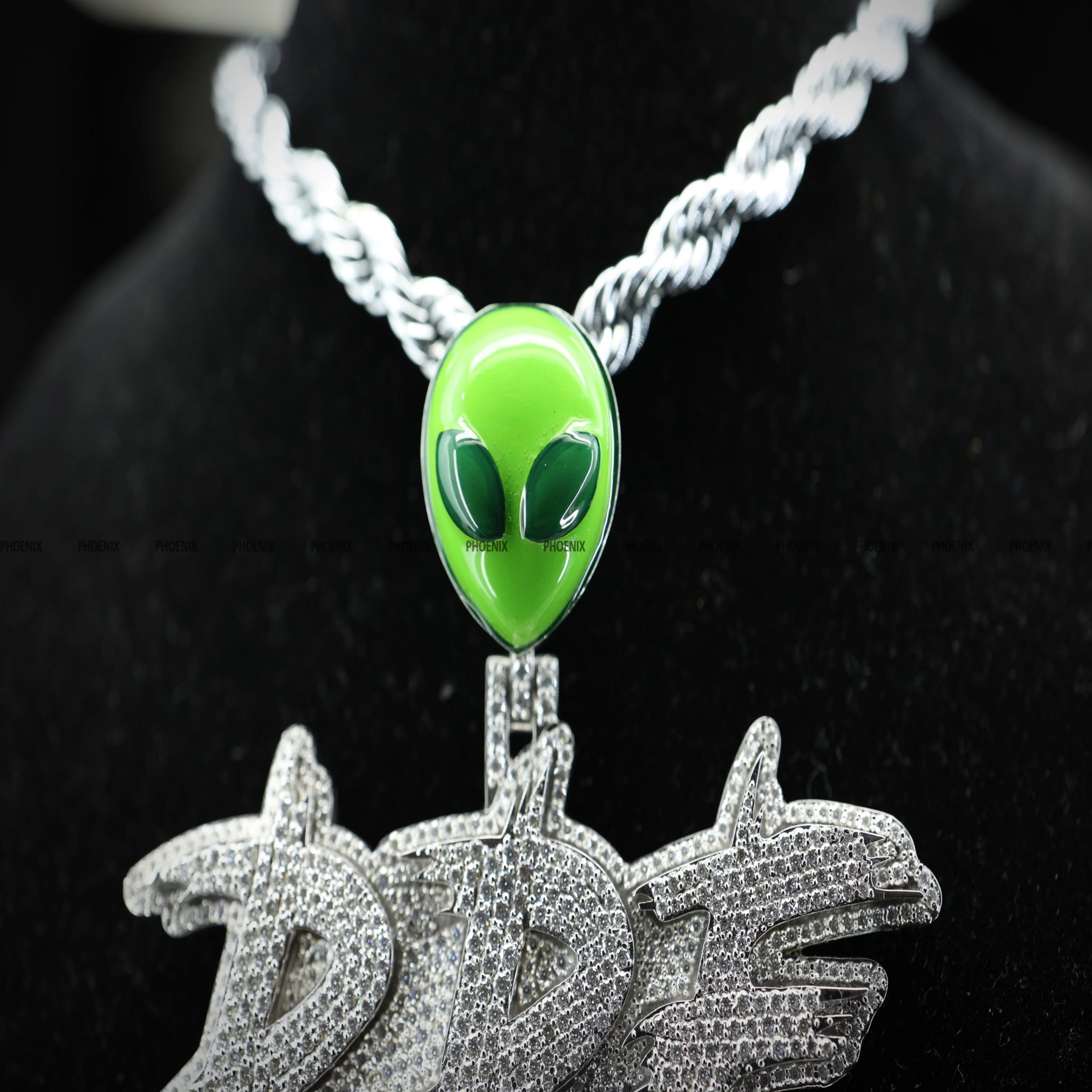 Custom Alien Bail Pendant Iced Out "RPE" Pendant Green Alien Head Bail Hip Hop Jewelry Rapper Statement Bling Phoenix Enterprise
