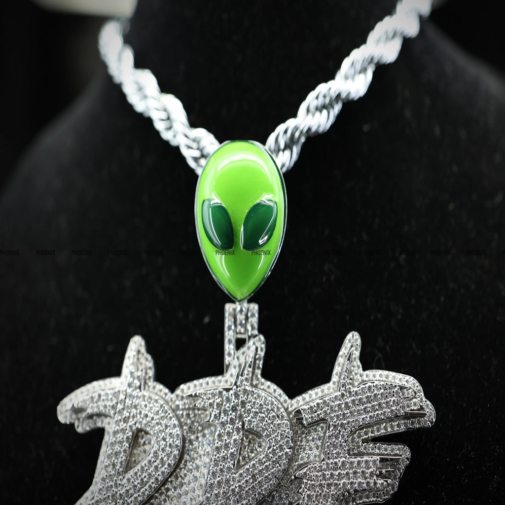 Custom Alien Bail Pendant Iced Out "RPE" Pendant Green Alien Head Bail Hip Hop Jewelry Rapper Statement Bling Phoenix Enterprise