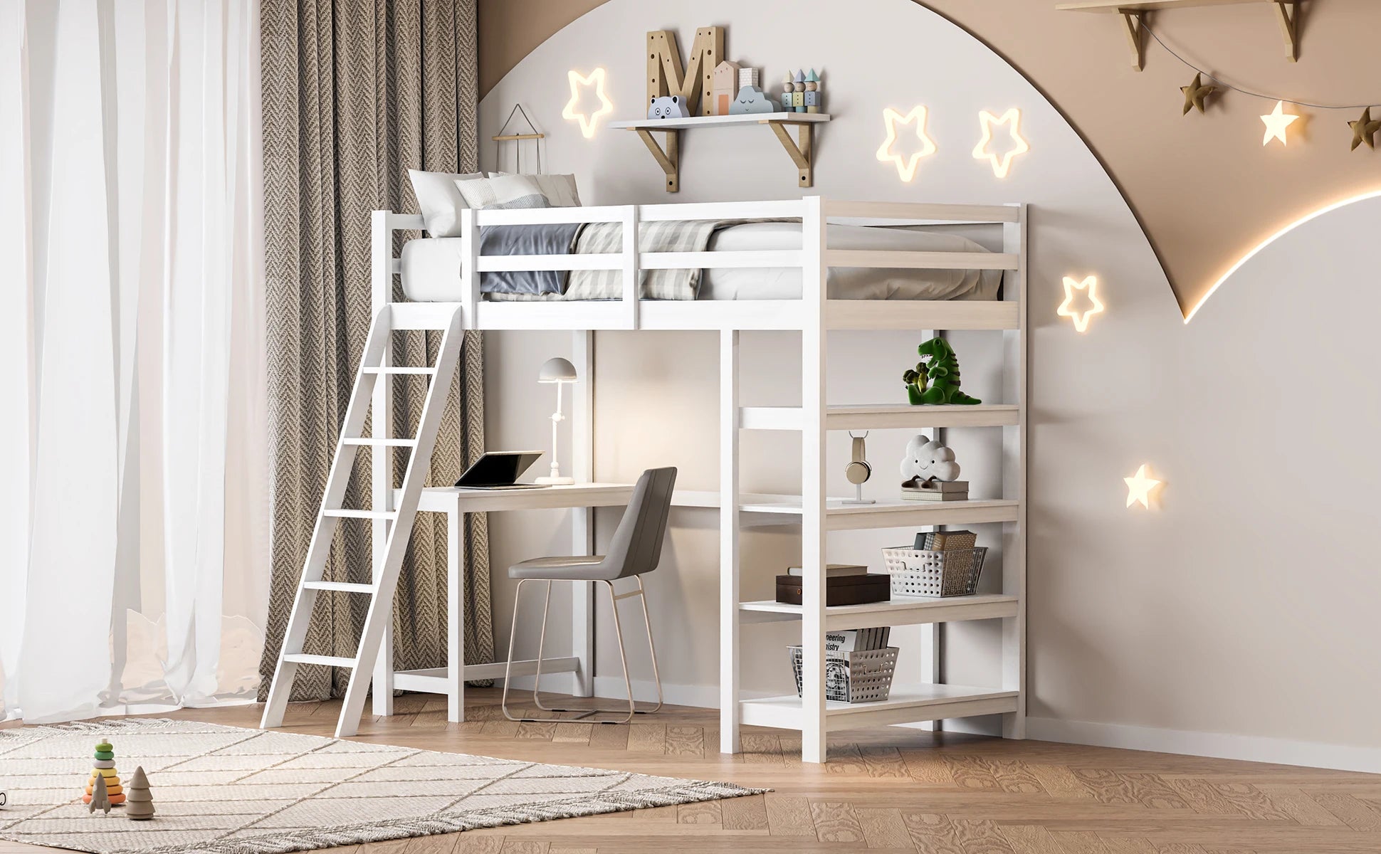 Rosahqnda children's high bed 90x200 cm 140x200 cm, children's bed with crash protection, stair, storage space, bunk bed, solid wood
