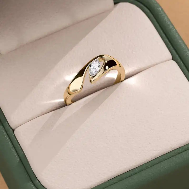 14K Yellow Gold Marquise Cut Lab Grown Diamond Bypass Ring Cute Wedding Engagement Anniversary Fine Jewelry Handmade