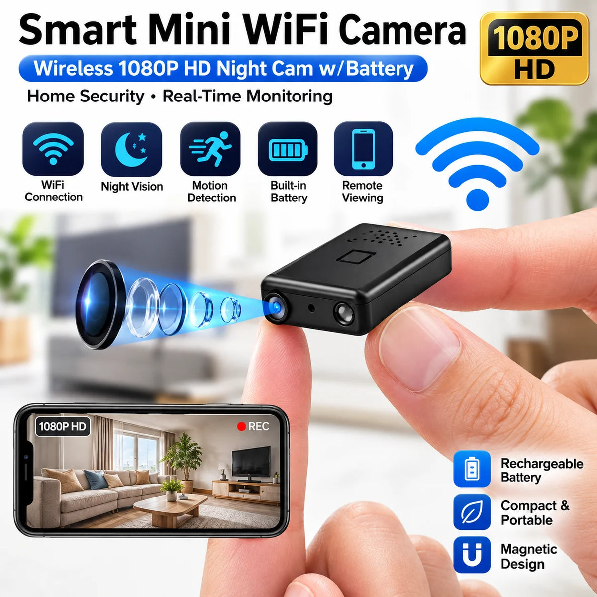 Mini WiFi Security Camera 1080P – Night Vision & App Control
