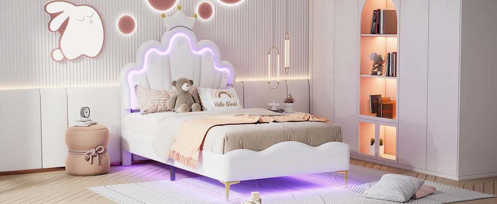 Rosahqnda Children's bed girls Single bed Double Bed Children bed Princess Crown Shape bed Adjustable Headboard