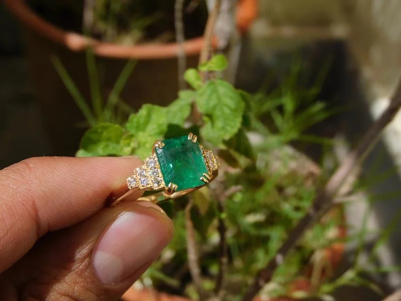 14K Yellow Gold Delicate Stacking Fine Ring Vintage Wedding Anniversary & Engagement Band with Full Eternity Cut Emerald