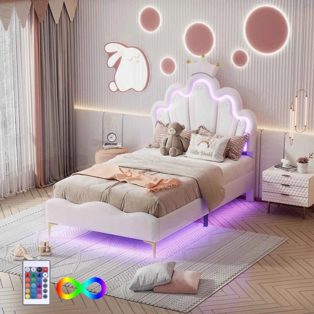 Rosahqnda Children's bed girls Single bed Double Bed Children bed Princess Crown Shape bed Adjustable Headboard