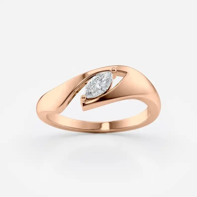14K Yellow Gold Marquise Cut Lab Grown Diamond Bypass Ring Cute Wedding Engagement Anniversary Fine Jewelry Handmade