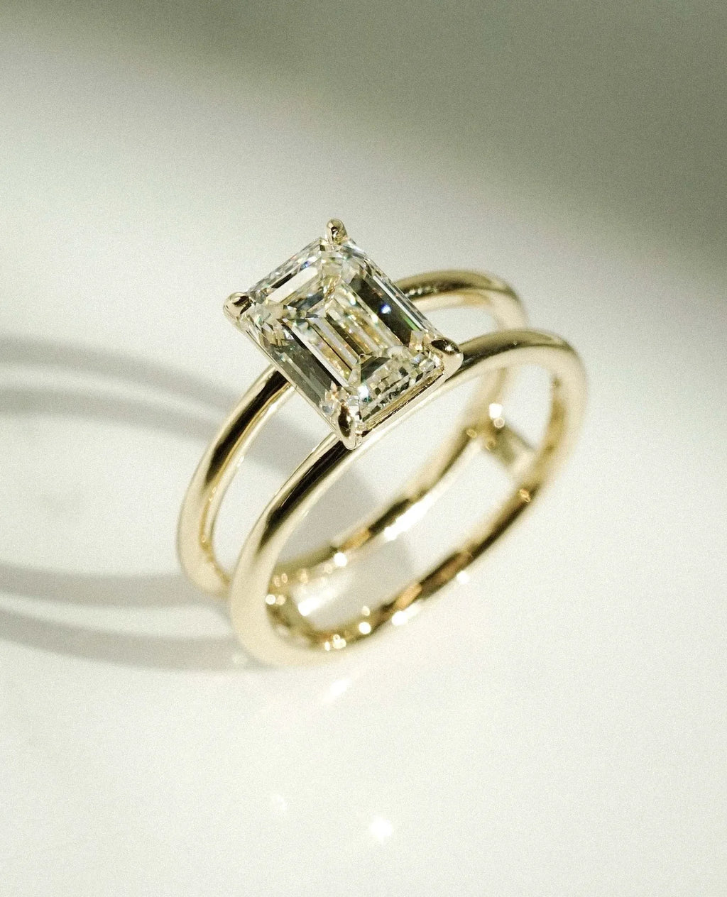 6x9 mm emerald cut moissanite solitaire dual band ring modern double band engagement jewelry