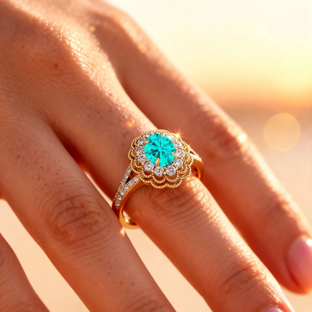 Unisex Wedding Anniversary Rings in 18k Solid Gold Rhodium Plated Lab Paraiba Tourmaline Real Diamonds Halo Solitaire Ring Gift