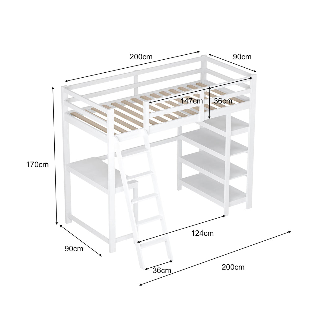 Rosahqnda children's high bed 90x200 cm 140x200 cm, children's bed with crash protection, stair, storage space, bunk bed, solid wood