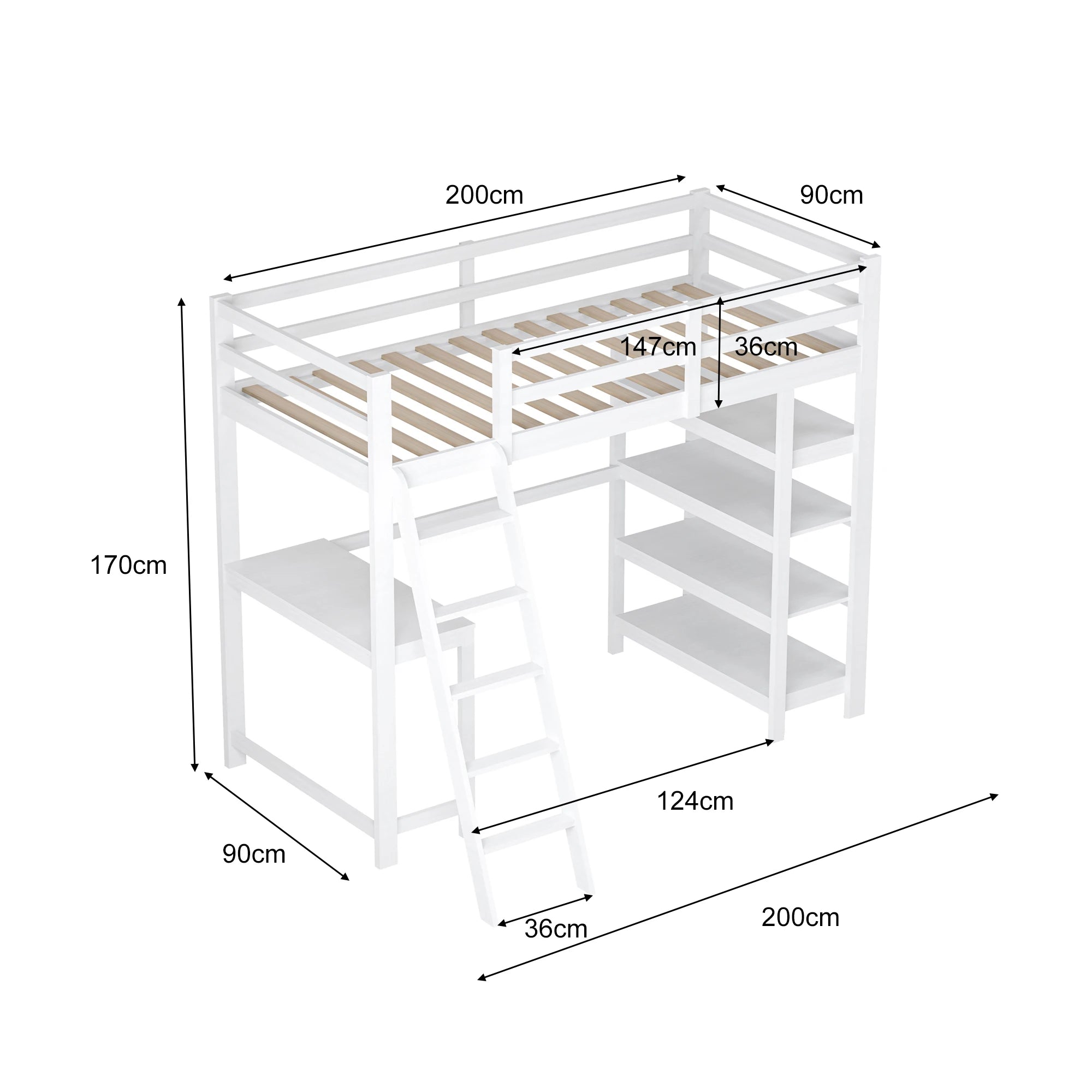 Rosahqnda children's high bed 90x200 cm 140x200 cm, children's bed with crash protection, stair, storage space, bunk bed, solid wood