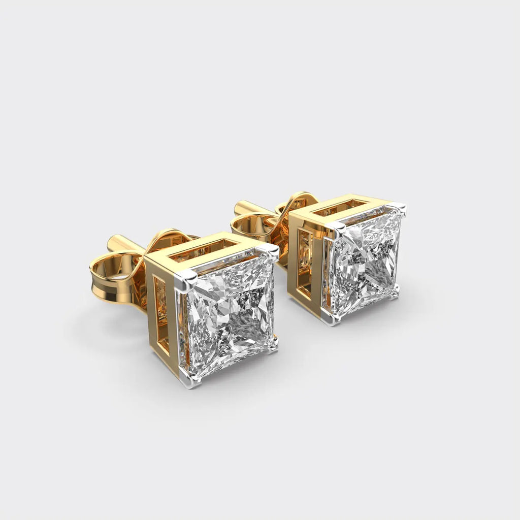 1.00 Carat Princess Shape Lab Grown Diamond Stud Earring 14K Yellow Gold VVS Clarity E Color IGI Certified Stud Diamond Earring