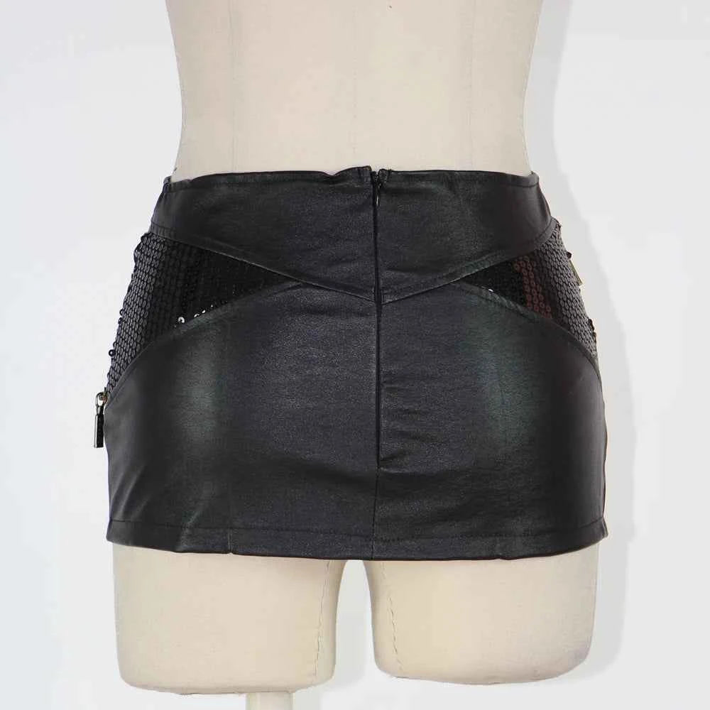 Women's Black Leather Micro Mini Skirt with Zippers Fashionable Mini Skirt for Women