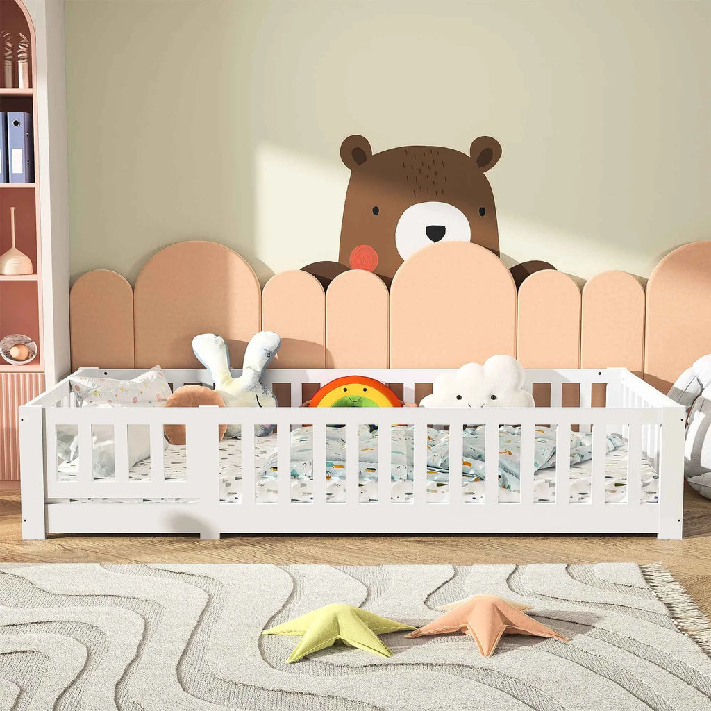 Children's Bed 90x200 cm, Children's Bed with Guardrail and Slatted Base, Montessori Bed, Solid Pine Wood Floor Bed for Children and Babies