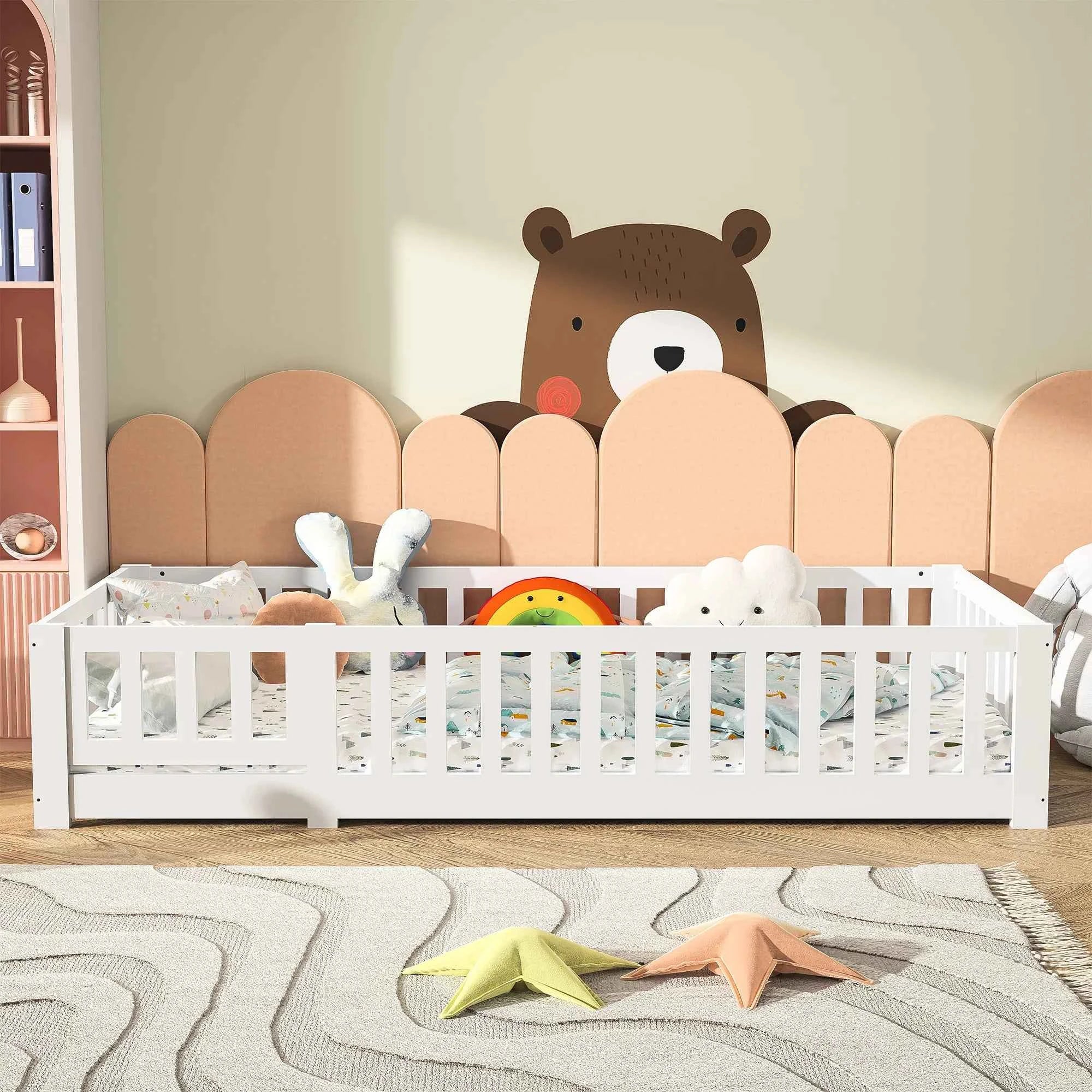Children's Bed 90x200 cm, Children's Bed with Guardrail and Slatted Base, Montessori Bed, Solid Pine Wood Floor Bed for Children and Babies